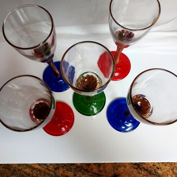 Vintage Cordial Glasses Gold Twisted Stem Red/Blue and Green 5. - Picture 3 of 7